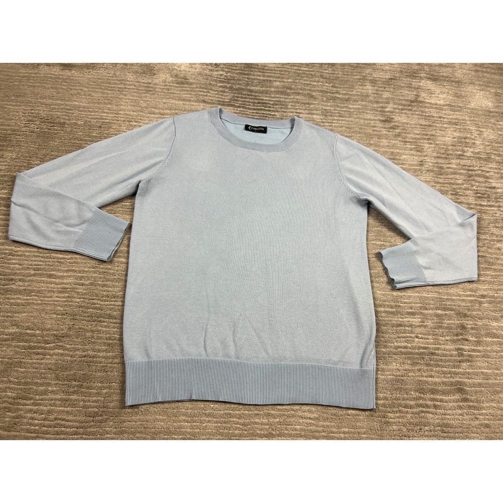 Fuinloth Sweater Women L Blue Crewneck Long Sleeve Ribbed Knit Lightweight 27398